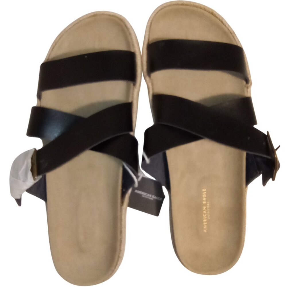 NWT American Eagle Strappy Black Leather Espadrille Sandals Women's Size 10